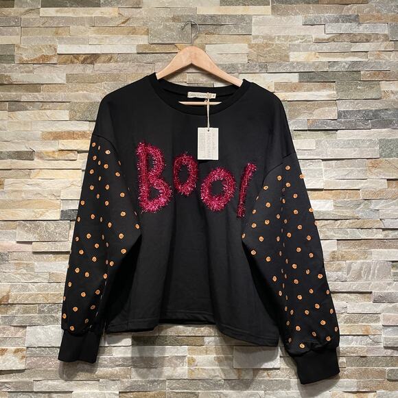Cropped Halloween “Boo!” Sweatshirt | NWT Pumpkin Sleeve Fall Spooky Pullover XL - Picture 1 of 7